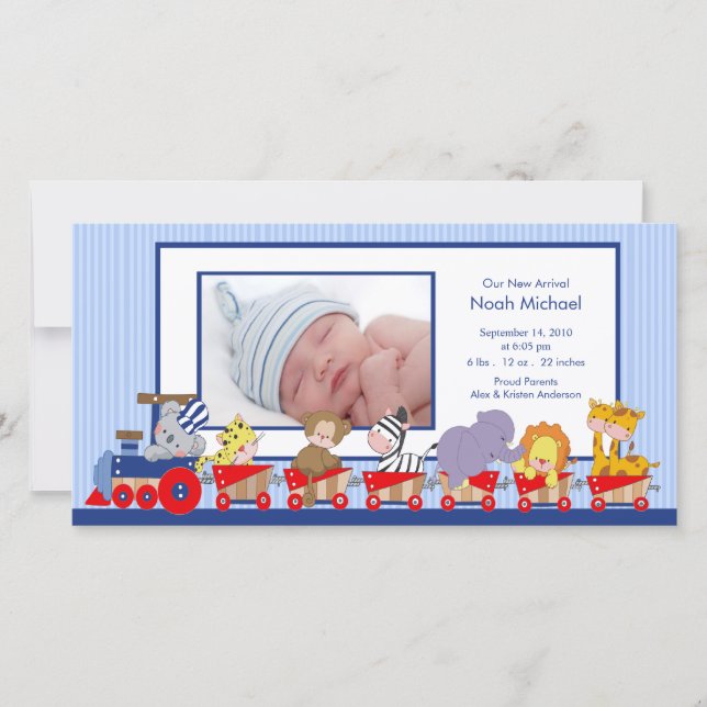 Faire-part Jungle Animaux Train Baby Boy Annouement de naissa (Devant)