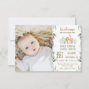 Faire-part Jungle Animaux Végétation Nouveau bébé Garçon Phot