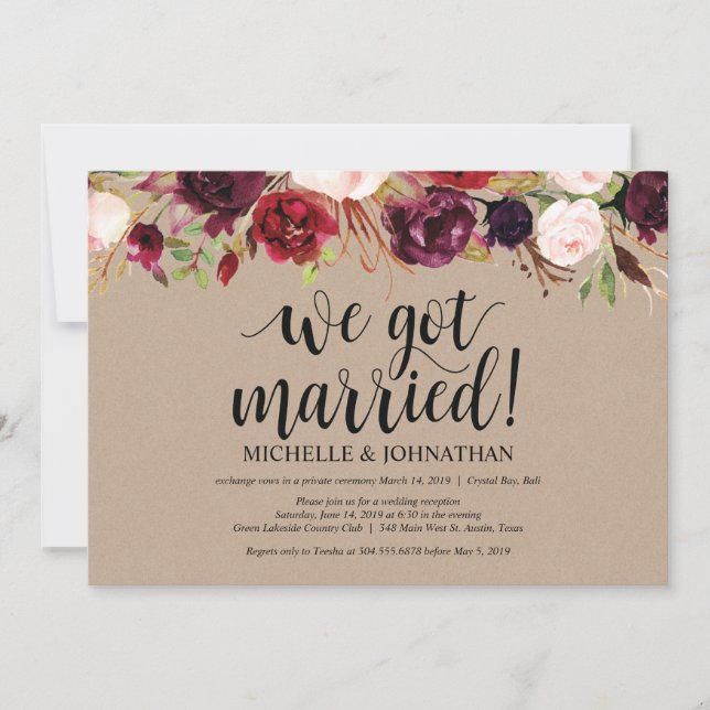 Faire-part kraft de réception de mariage intime fl (Devant)