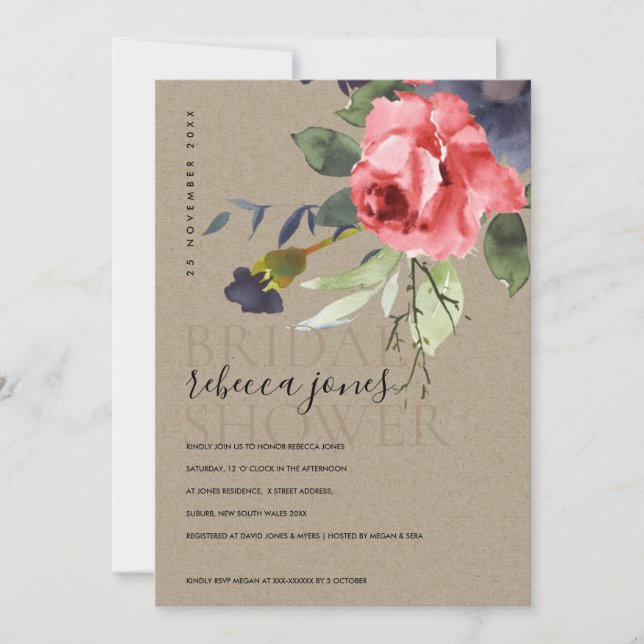 FAIRE-PART KRAFT RED ROSES EUCALYPTUS FÊTE DES MARIÉES FLORAL (Devant)