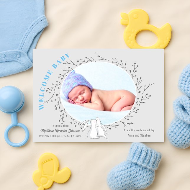 Faire-part Lapin gris bleu bébé garçon naissance (Adorable woodland animals welcome baby boy birth announcement front view)