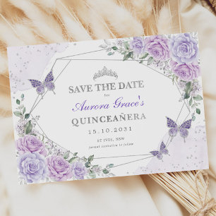 Faire-part Lavender Silver Roses Quinceanera Enregistrer la d