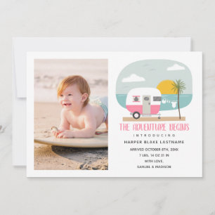 Faire-part L'aventure commence Pink Beach Camper Baby Birth