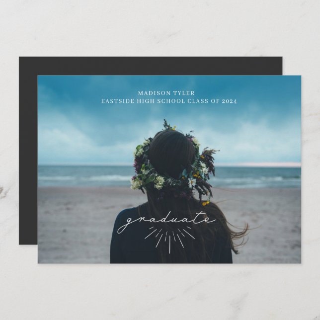 Faire-part Ligne Art blanc Graduation Script photo horizontal (Devant / Derrière)