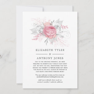 Faire-part Liste de invités réduite avec fleurs roses, argent