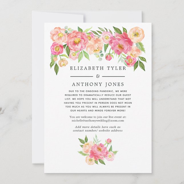 Faire-part Liste de invités réduite pour mariage floral rose  (Devant)