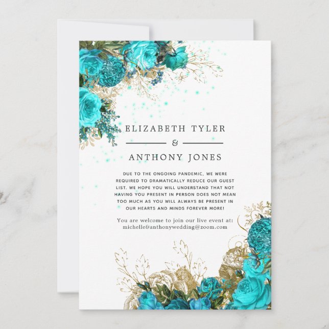 Faire-part Liste d'invités réduits Turquoise et Gold Floral (Devant)