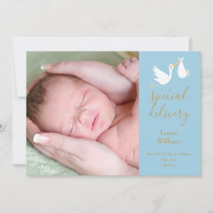 Faire-part Livraison spéciale cigogne bébé garçon photo bleu