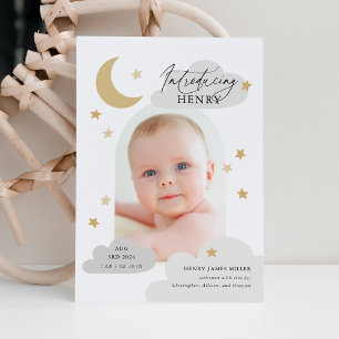 Faire-part Lune Étoiles Nuages Arc Photo Gris Naissance