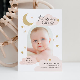Faire-part Lune Étoiles Nuages Arch Photo Rose Blush Birth