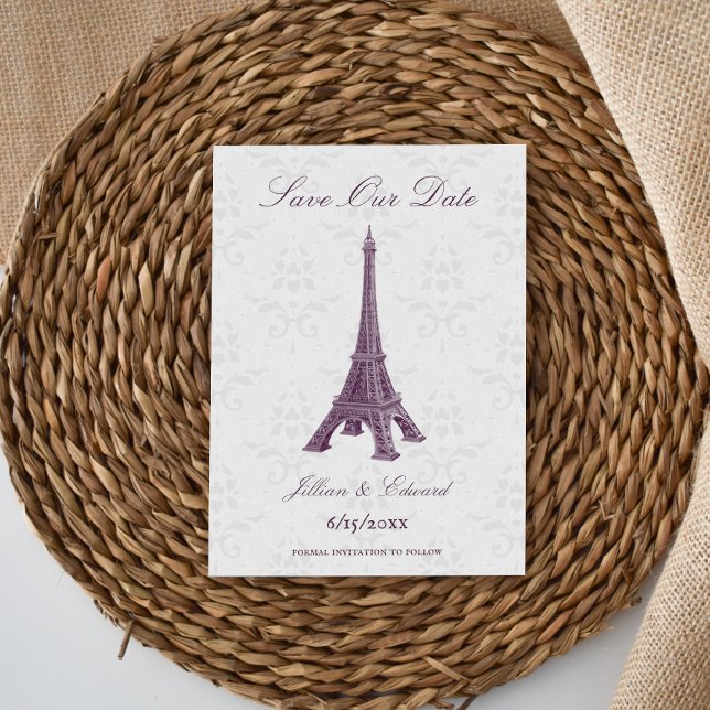 Faire-part Magenta Eiffel Tower Damask Enregistrer La Date (Magenta Eiffel Tower Damask Save the Date)