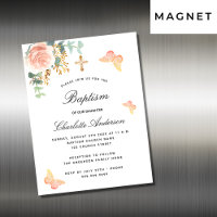Faire-part magnétique de baptême rose florale papi