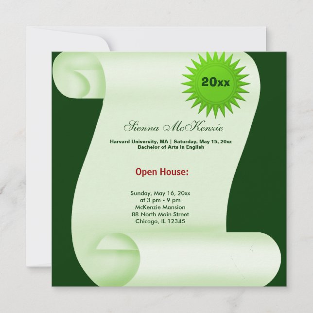 Faire-part Maison ouverte de fin d'études (Vert) (Devant)