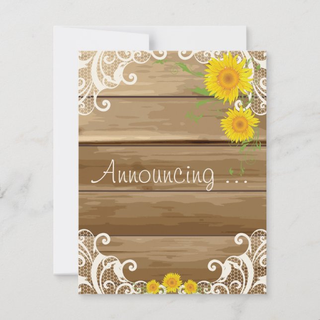 Faire-part Mariage avec planches de grange, tournesols et den (Devant)
