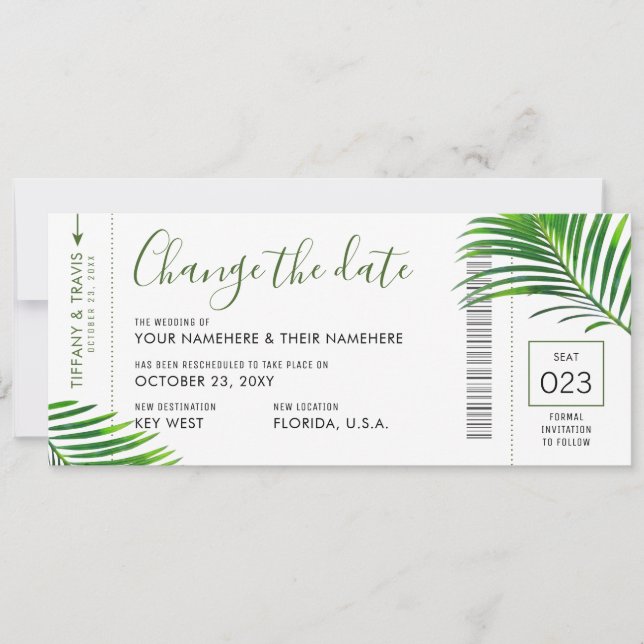Faire-part Mariage Date Changer Tropical Palm Boarding Pass (Devant)