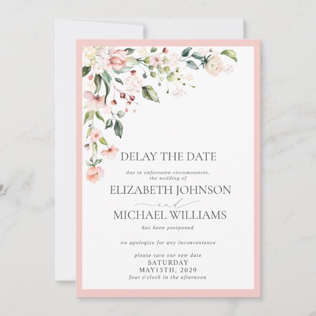 Faire-part Mariage Date report Pink Floral Aquarelle (Devant)