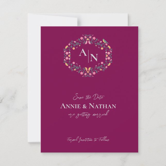 Faire-part Mariage de cadre floral complexe rouge Monogramme (Devant)