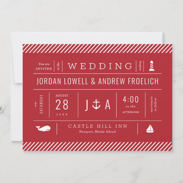 Faire-part Mariage de plage bleu et blanc rouge (Devant)