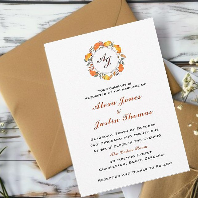 Faire-part Mariage élégant avec feuillage d'automne monogramm (Créateur téléchargé)