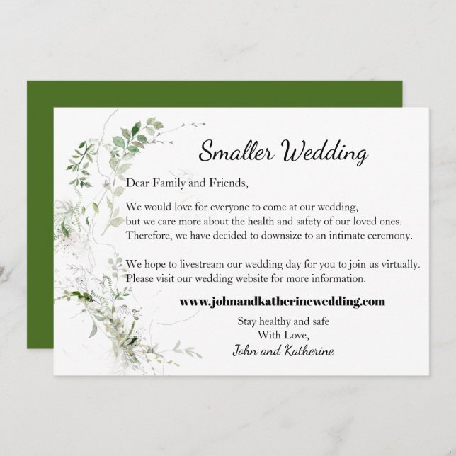 Faire-part Mariage Élégant Classique avec Feuilles Vertes Plu (Devant / Derrière)