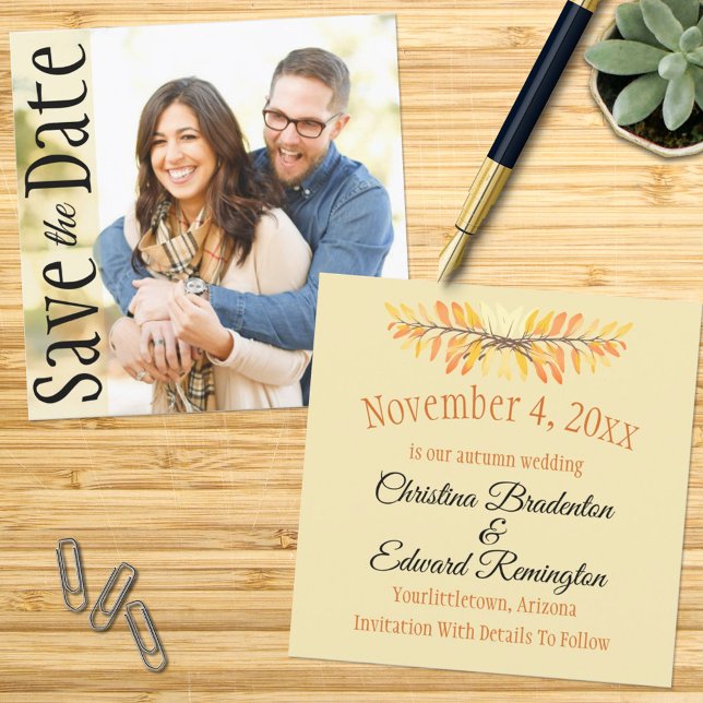 Faire-part Mariage Enregistrer La Date Minimal Rustique Feuil (Front and Back square template design save the date announcement)
