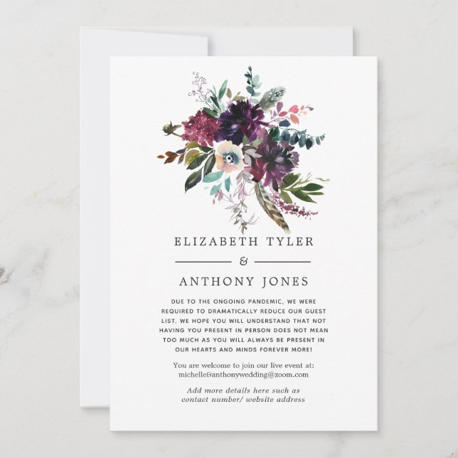 Faire-part Mariage invités Bordo Violet Plum Floral réduit (Devant)