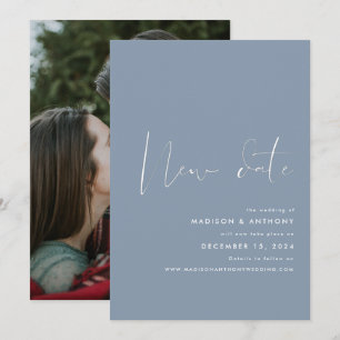 Faire-part Mariage Nouvelle Date Photo Minimaliste Bleu Pouss