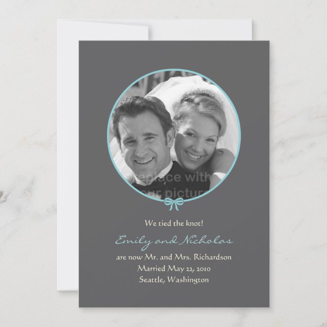 Faire-part Mariage photo à noeud simple - Bleu (Devant)