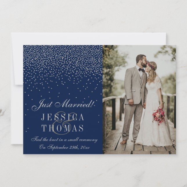 Faire-part Mariage photo Navy Blue & Glam Silver Confetti (Devant)