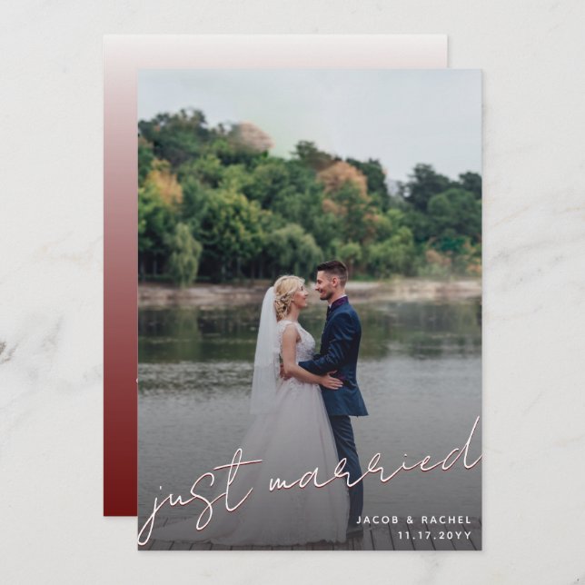 Faire-part Mariage photo rouge foncé juste marié (Devant / Derrière)