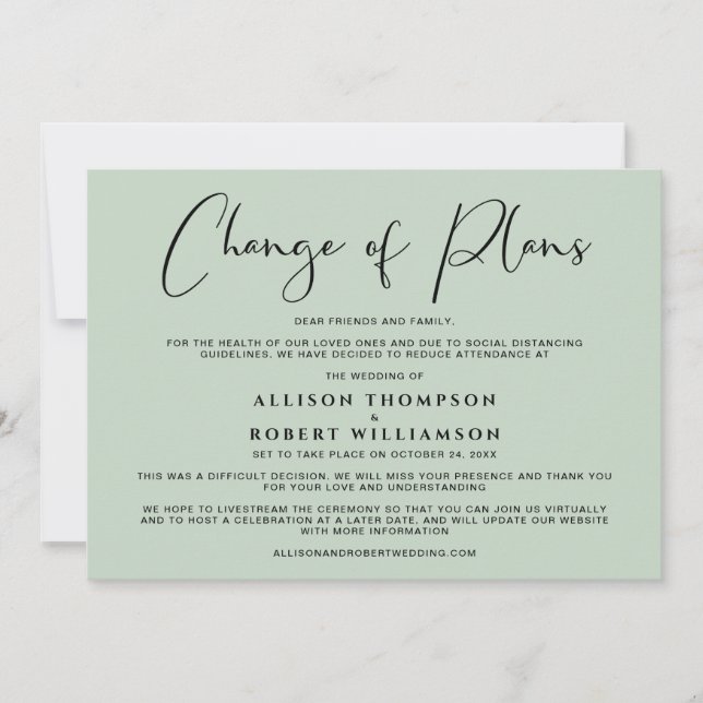 Faire-part Mariage Plus Intime Changement de Plans Vert Sauge (Devant)