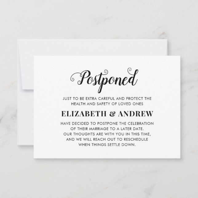 Faire-part Mariage reporté Changement de plans Élégant Script (Devant)
