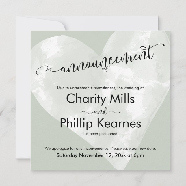 Faire-part Mariage reporté Heart Sage Green (Devant)