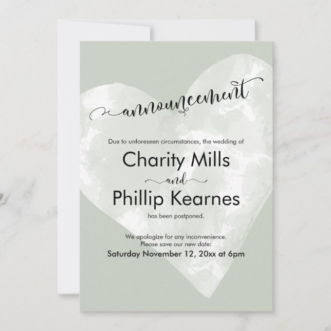 Faire-part Mariage reporté Heart Sage Green (Devant)