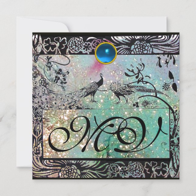 Faire-part MARIAGES INSÉPARABLES MONOGRAM Black Blue Peacocks (Devant)