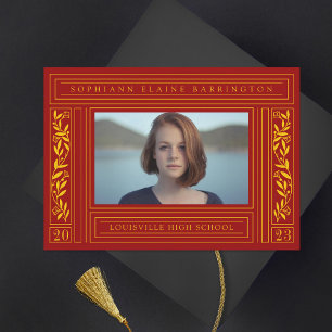 Faire-part Maron rouge et la photo de la graduation en or