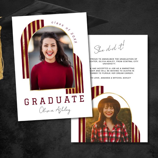 Faire-part Maroon Gold Arch Photo Graduation (Créateur téléchargé)