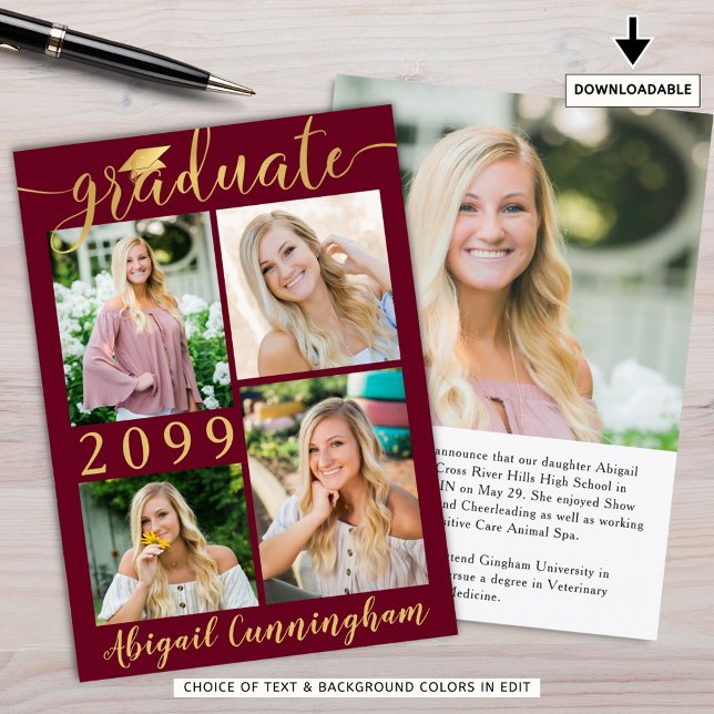 Faire-part Maroon Gold Script 5 Photo Gradué (Créateur téléchargé)