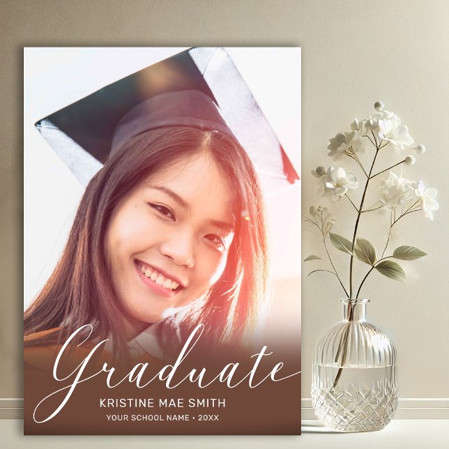 Faire-part Marron Moderne Photo de remise de diplôme en calli (Brown with White Script Photo Graduation Announcement)