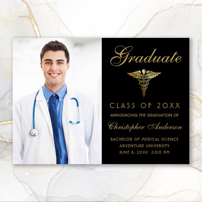 Faire-part Médicale Black Gold Caduceus Photo Graduation (Medical Black Gold Caduceus Photo Graduation Announcement)