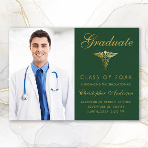 Faire-part Médicale Green Gold Caduceus Photo Graduation
