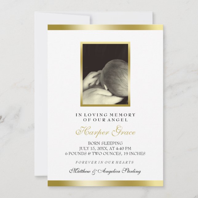 Faire-part Mémorial pour bébés | Faux Gold & White | Photo pe (Devant)