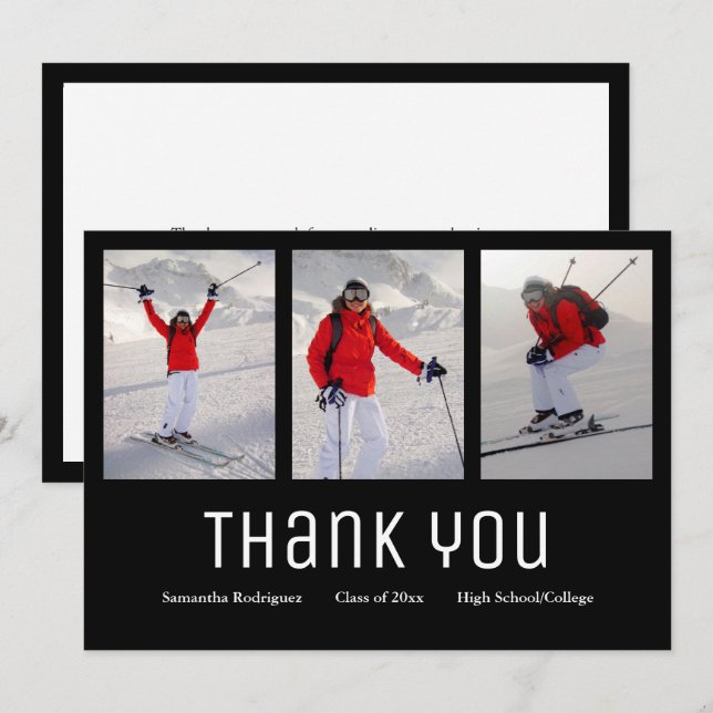 Faire-part Merci Moderne 3 Photo Noir Blanc (Devant / Derrière)