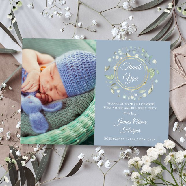 Faire-part Merci photo bébé verdure Dusty bleu naissance (Baby Photo Thank You Greenery Dusty Blue Birth Announcement)