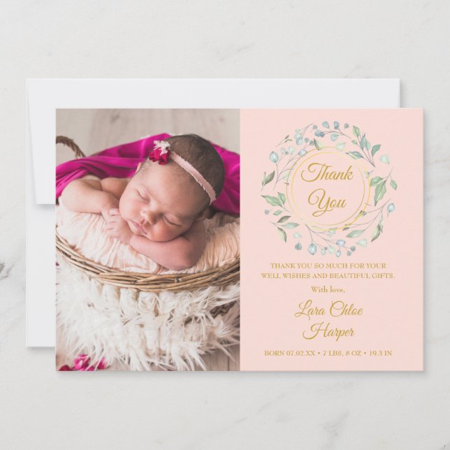 Faire-part Merci photo bébé vert rose pâle Naissance (Devant)