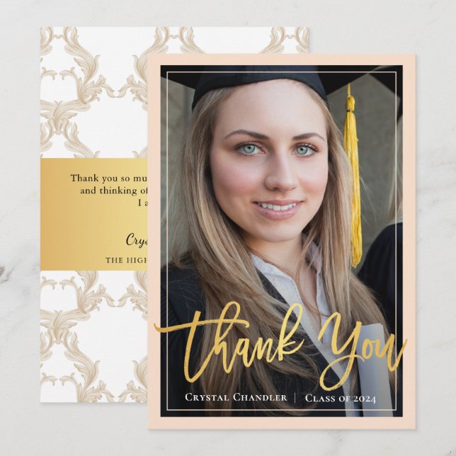 Faire-part Merci photo Chic Ivory Gold Script graduation (Devant / Derrière)