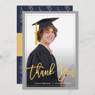 Faire-part Merci photo Gold Script Grey & Blue Graduation