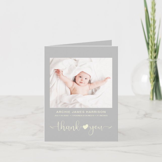 Faire-part Merci Photos Coeur Gris Jaune Naissance (Devant)