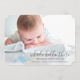 Faire-part mignon de bébé de baleine bleue bonjour
