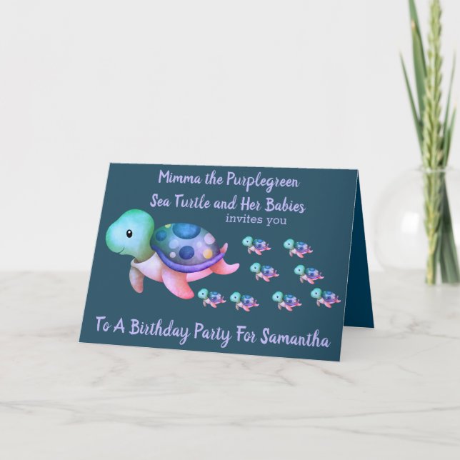 Faire-part Mignonne Purplegreen Tortue de mer & Bébés Anniver (Devant)